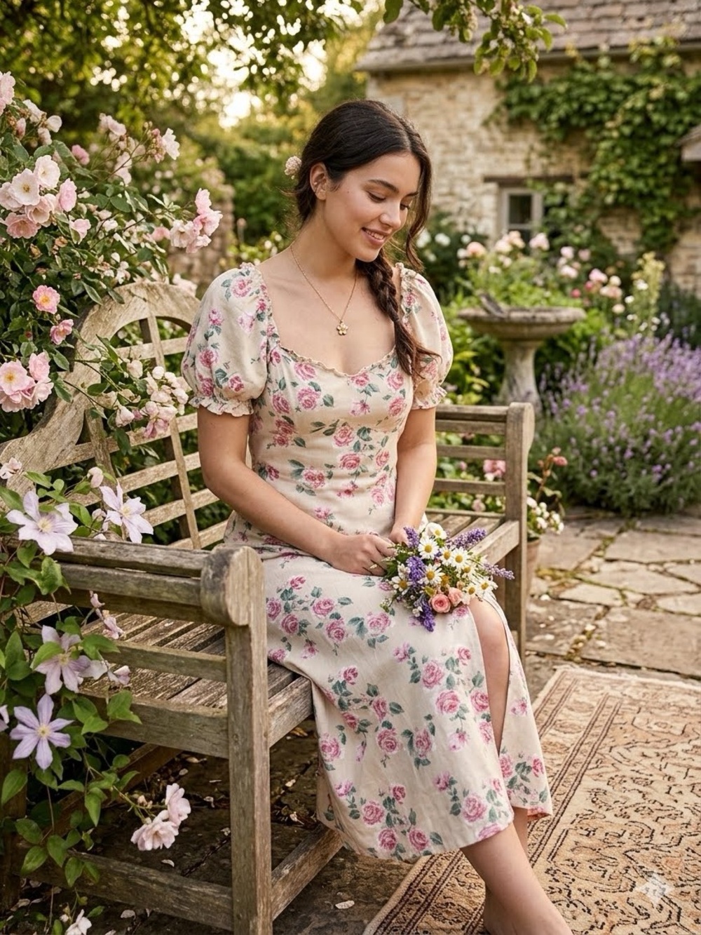Lavender‎ Moon Cottagecore Milkmaid Boho Beige Floral Puff-Sleeve Maxi Dress SzL